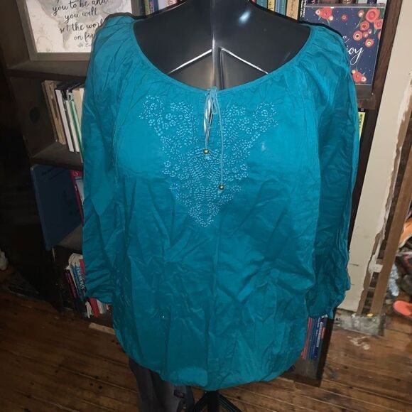 Lane Bryant teal embroidered flowy 14 peasant blouse - Picture 1 of 3